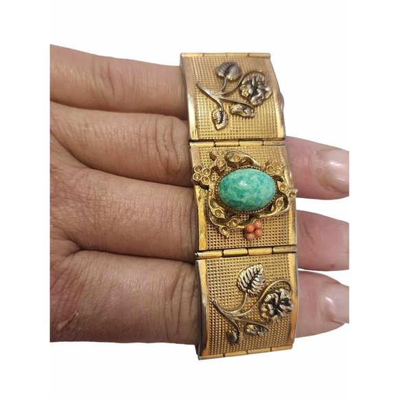 Vintage Stunning Mottled/Peking Glass Bezel Set Textured Bracelet (A2397) - Picture 11 of 13